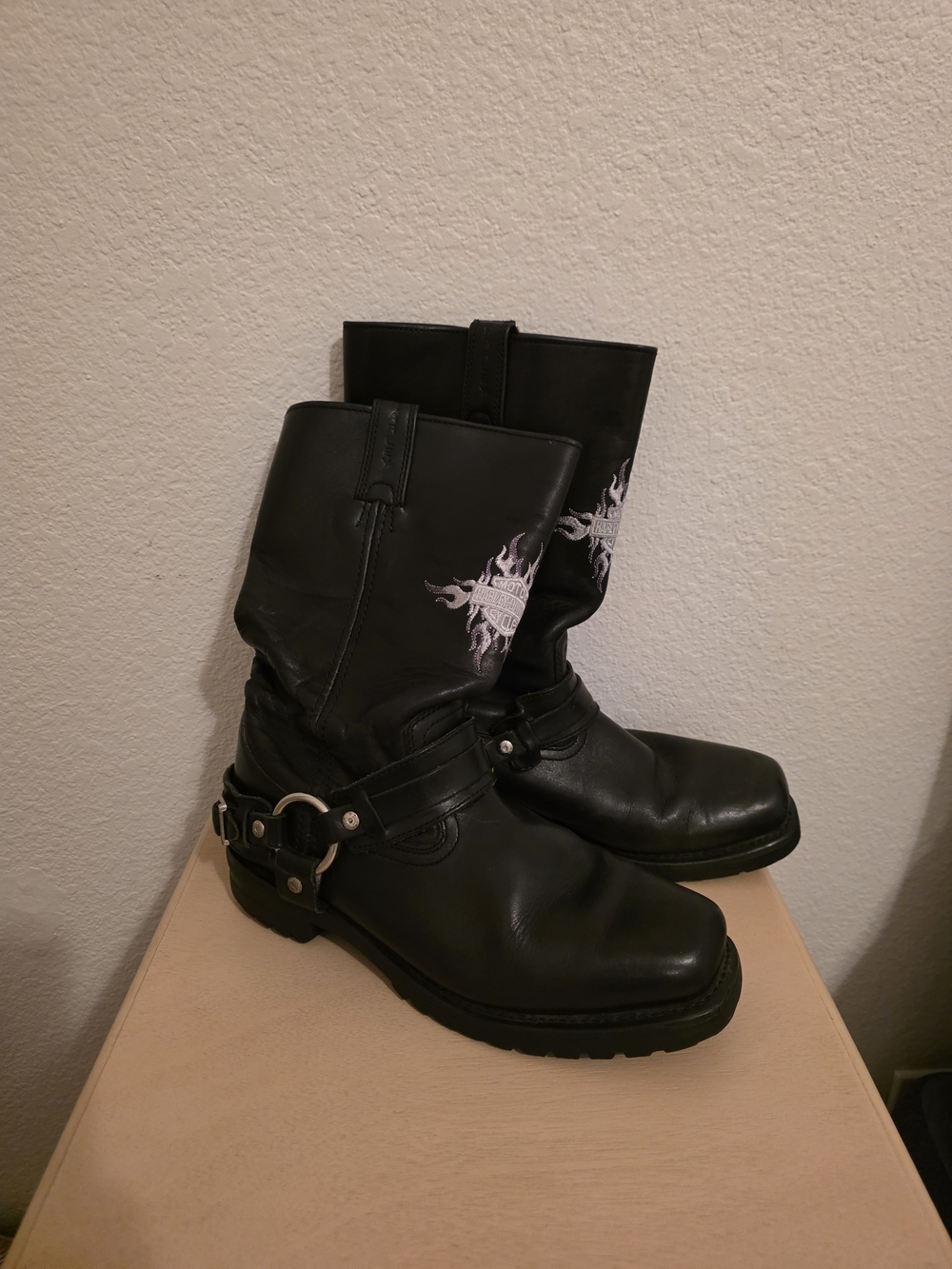 Harley Davidson Women's Black Leather Harness Boots Embroidered Detail